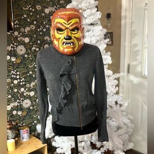 J Crew 100% Merino Wool Gray Ruffled Zip-Up Sweater